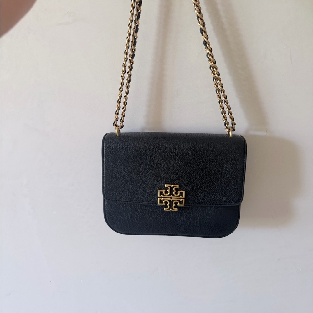 Tory Burch Black Leather Crossbody with Gold Chain Strap